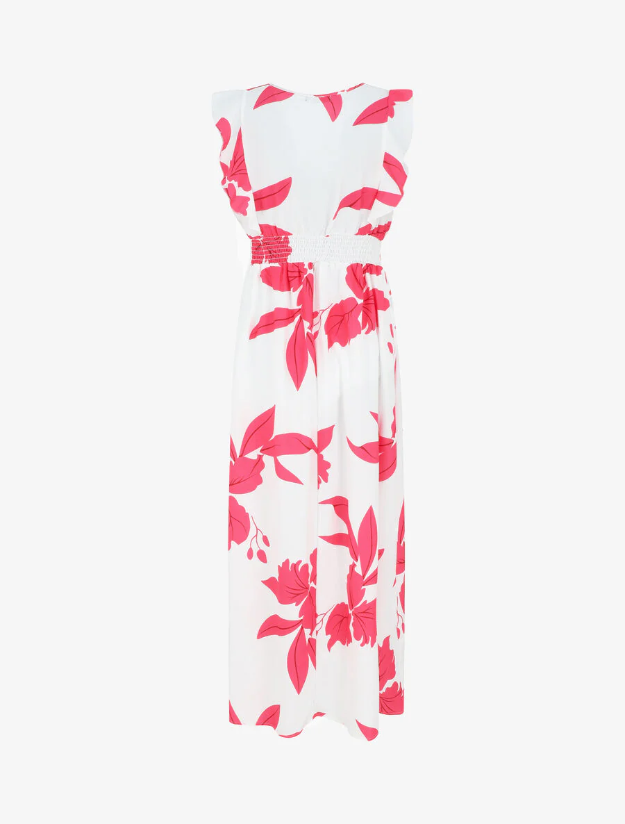 Robe longue motif végétal sans manches à volants - Blanc - Image 2