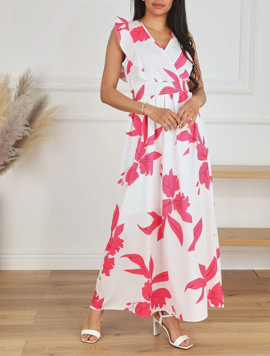 Robe longue motif végétal sans manches à volants - Blanc - Image 4