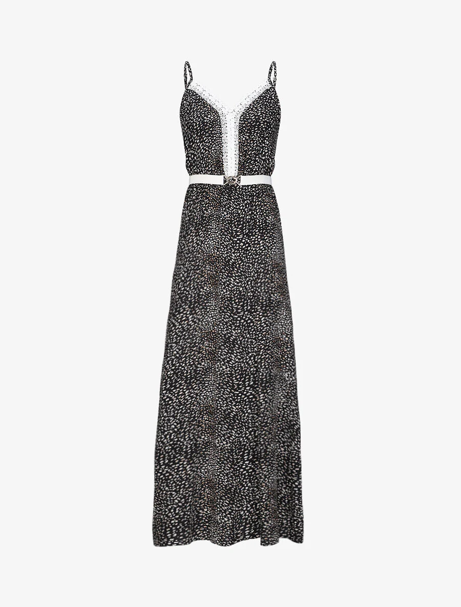 Robe longue patineuse à col dentelle et imprimé moucheté - Noir