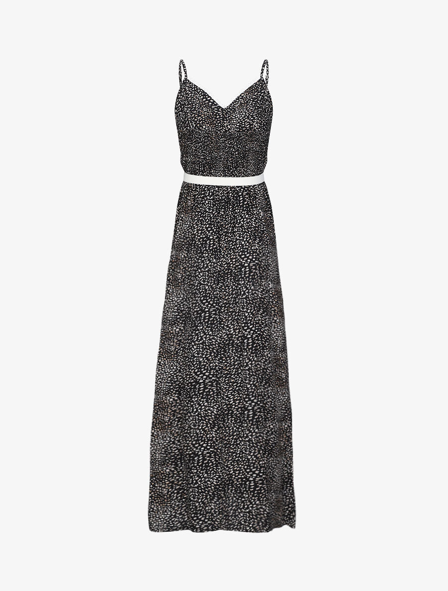 Robe longue patineuse à col dentelle et imprimé moucheté - Noir - Image 2