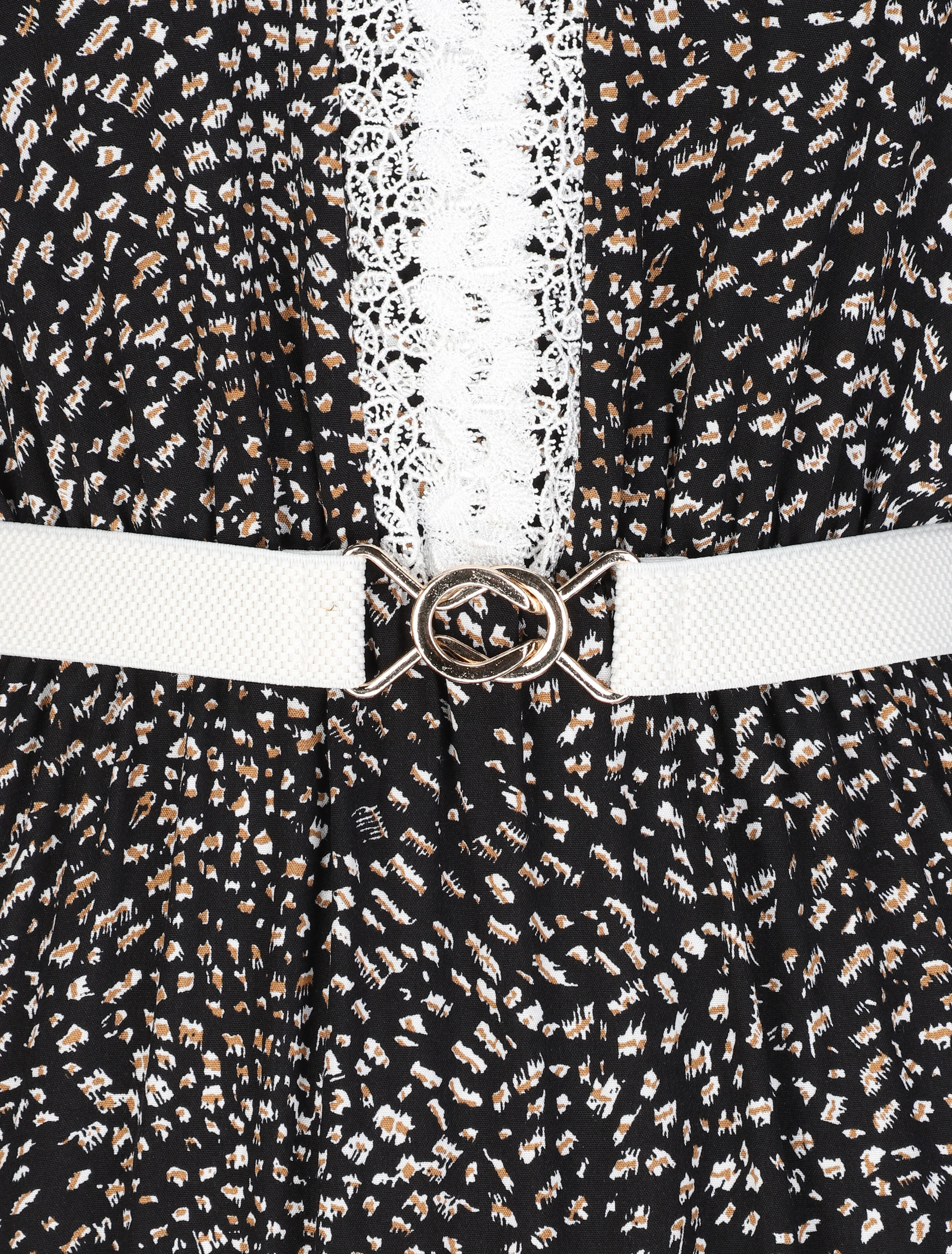 Robe longue patineuse à col dentelle et imprimé moucheté - Noir - Image 3