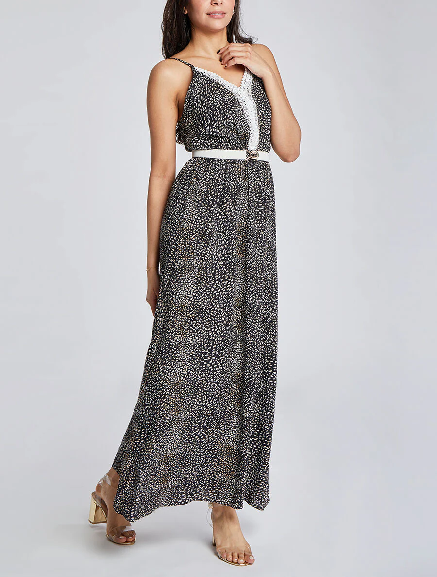 Robe longue patineuse à col dentelle et imprimé moucheté - Noir - Image 4