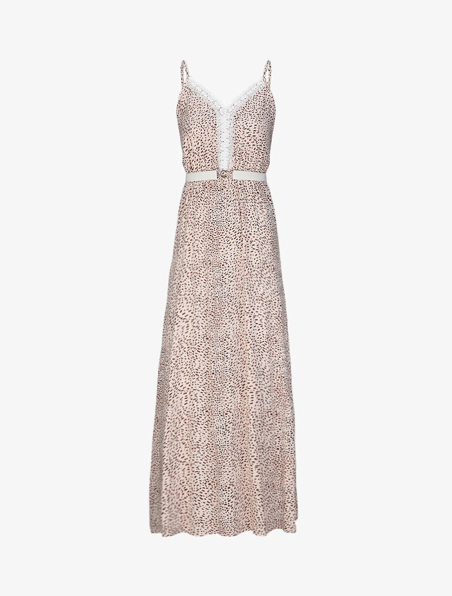 Robe longue patineuse à col dentelle et imprimé moucheté - Beige