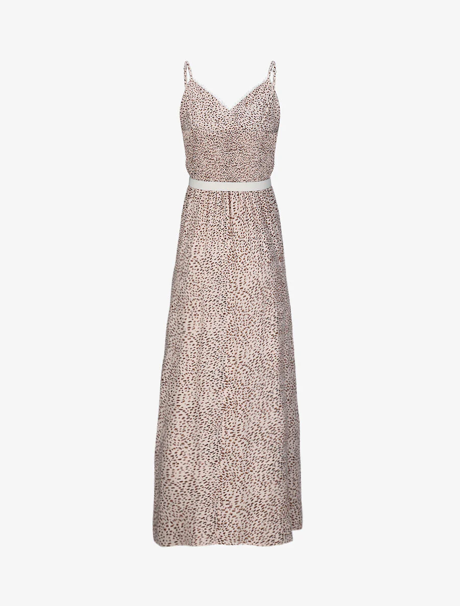 Robe longue patineuse à col dentelle et imprimé moucheté - Beige - Image 2