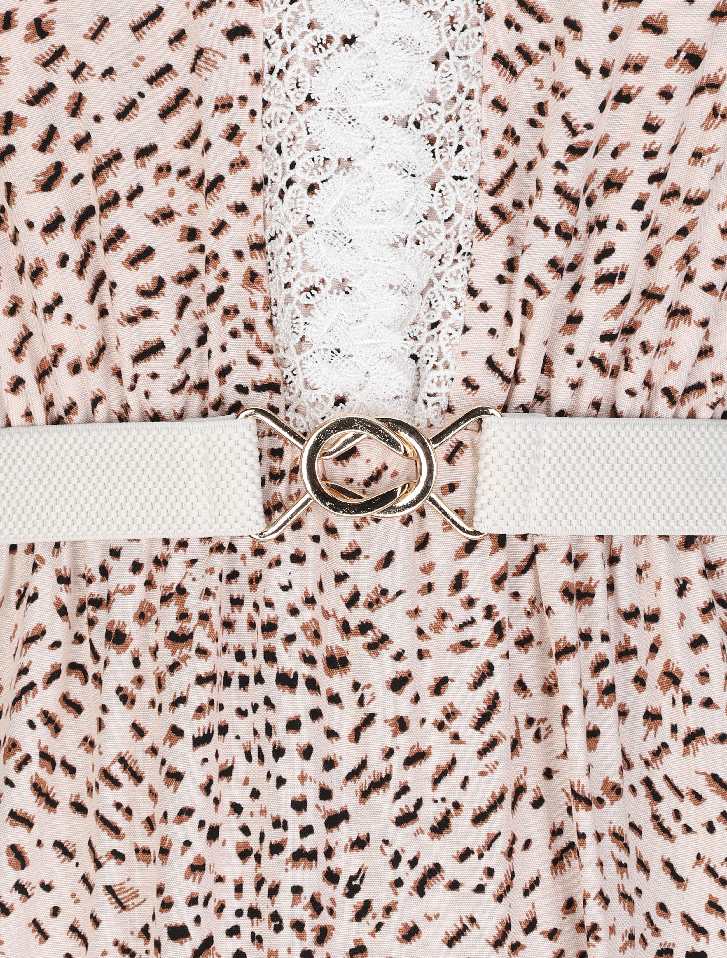 Robe longue patineuse à col dentelle et imprimé moucheté - Beige - Image 3