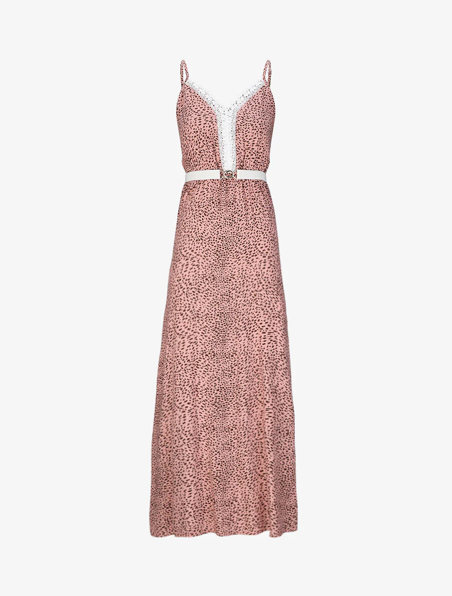 Robe longue patineuse à col dentelle et imprimé moucheté - Rose