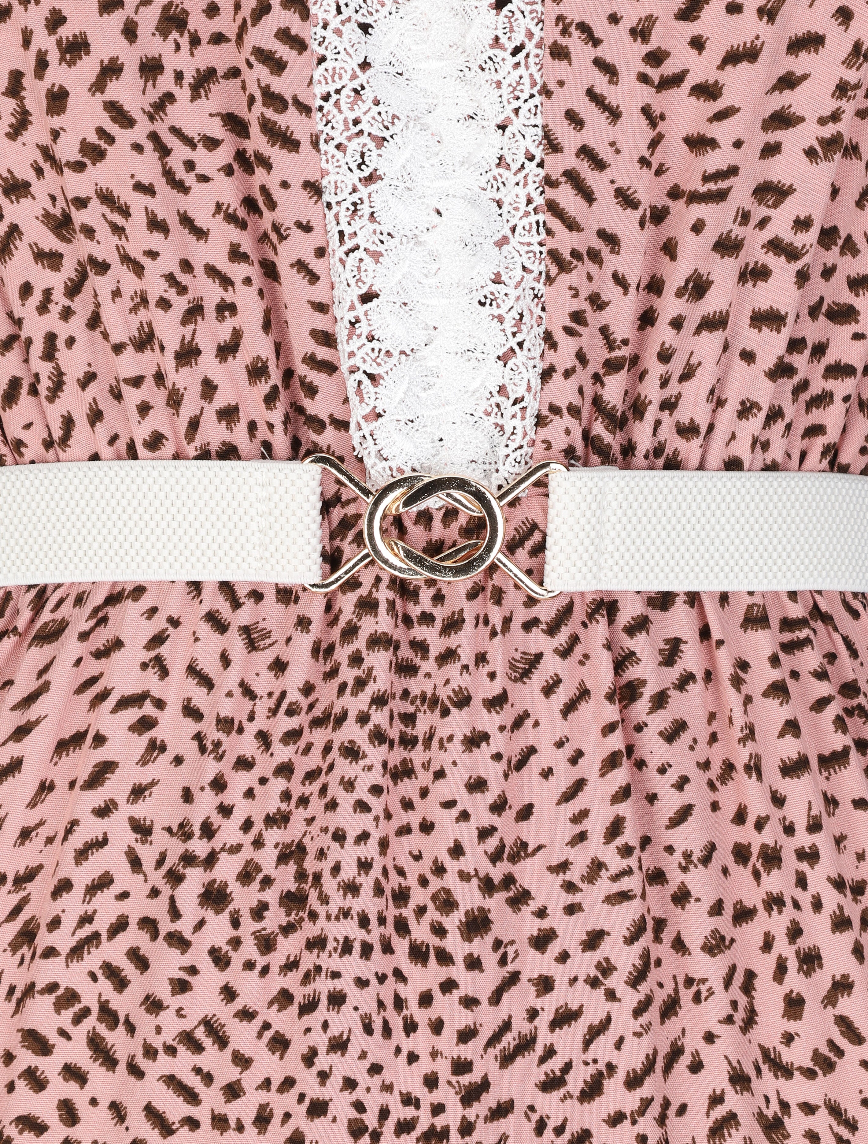 Robe longue patineuse à col dentelle et imprimé moucheté - Rose - Image 3