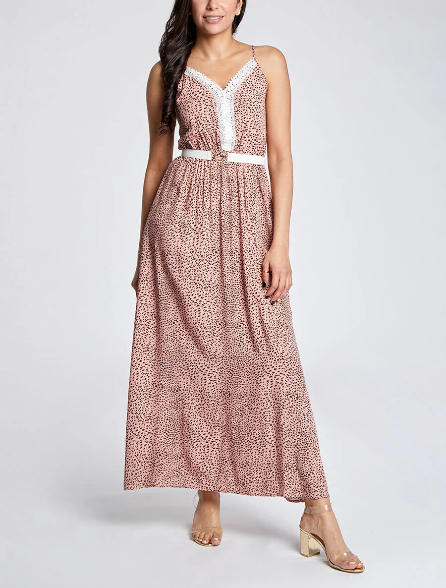 Robe longue patineuse à col dentelle et imprimé moucheté - Rose - Image 4