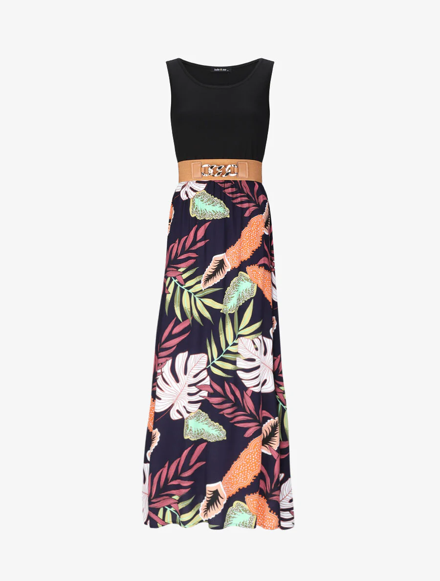 Robe longue patineuse bi-matière imprimé tropique - Marine