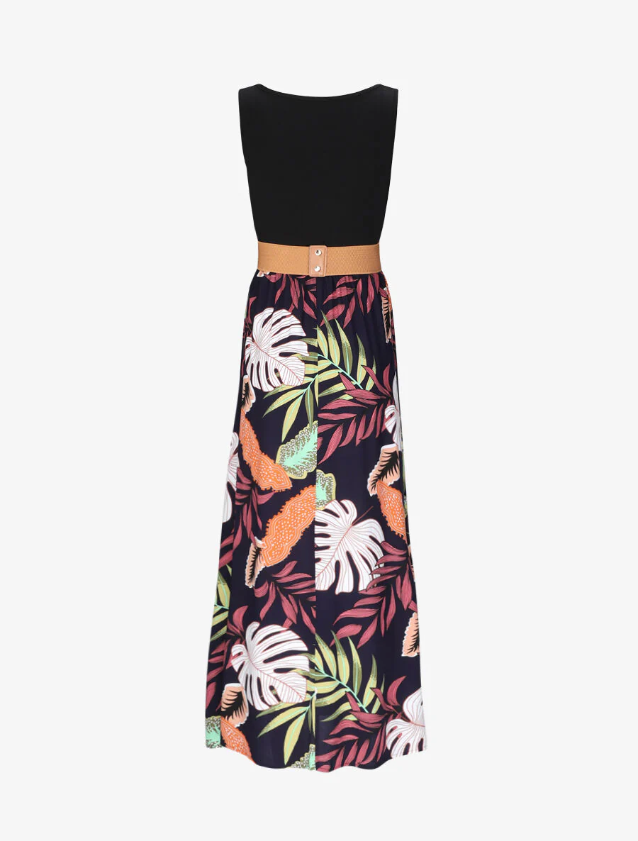 Robe longue patineuse bi-matière imprimé tropique - Marine - Image 2