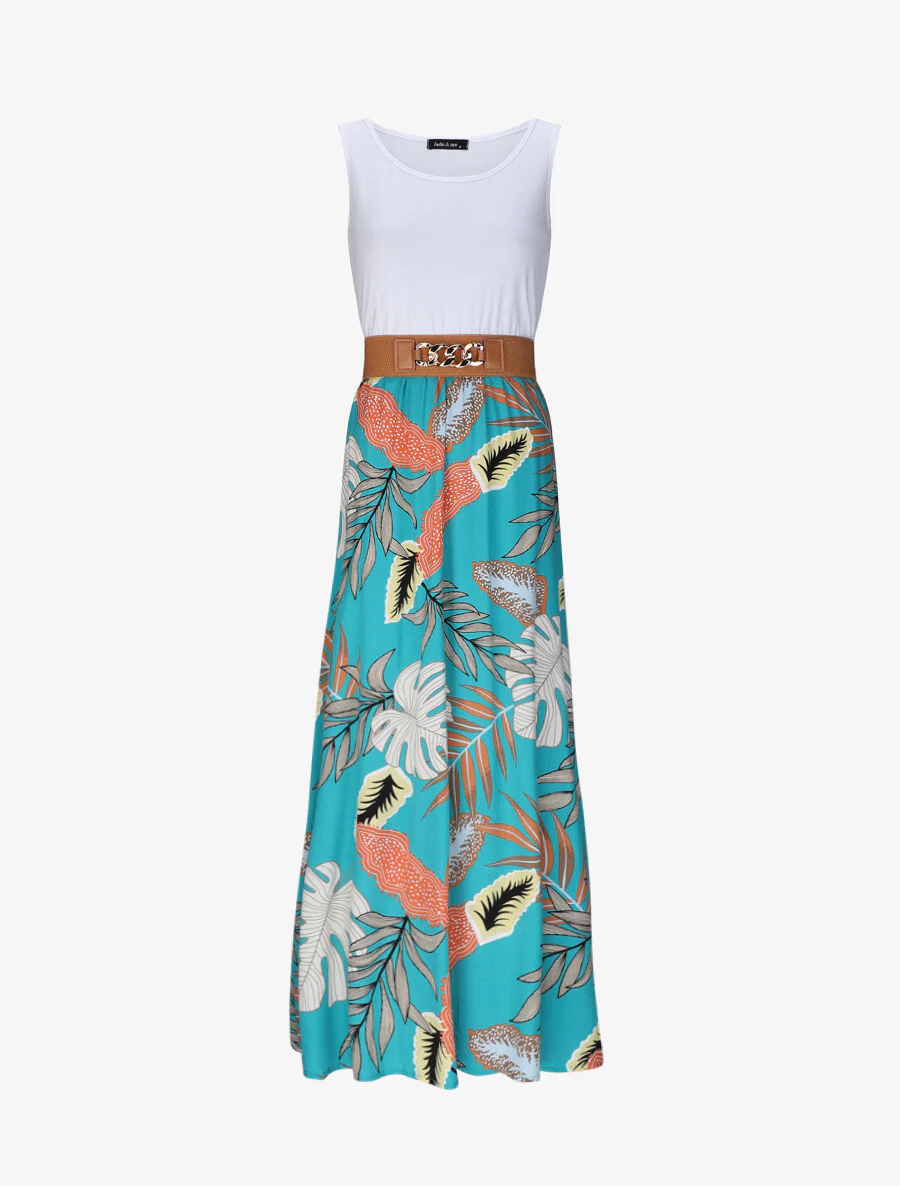Robe longue patineuse bi-matière imprimé tropique - Blanc/bleu