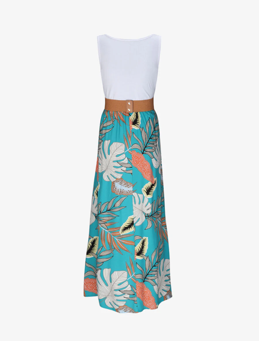 Robe longue patineuse bi-matière imprimé tropique - Blanc/bleu - Image 2