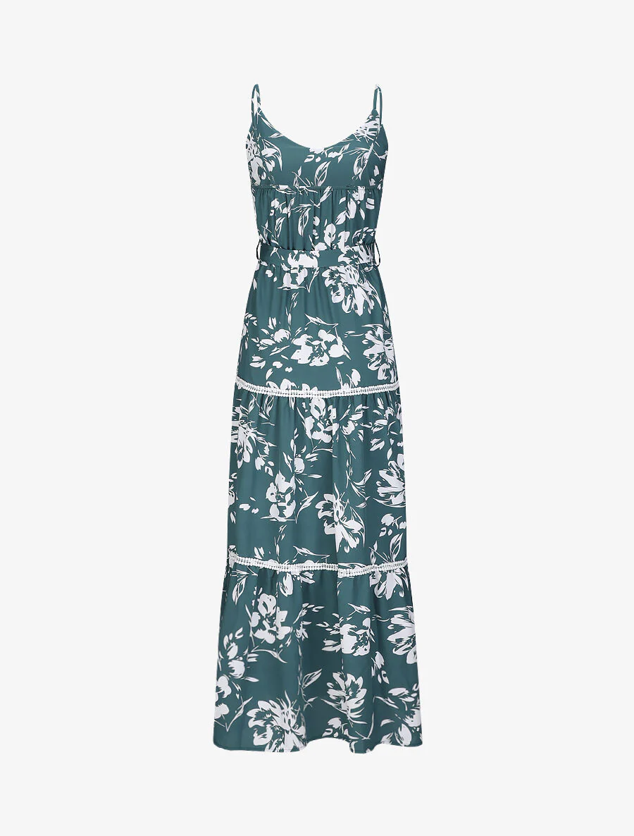 Robe longue patineuse imprimé fleurs contrastantes - Vert - Image 2