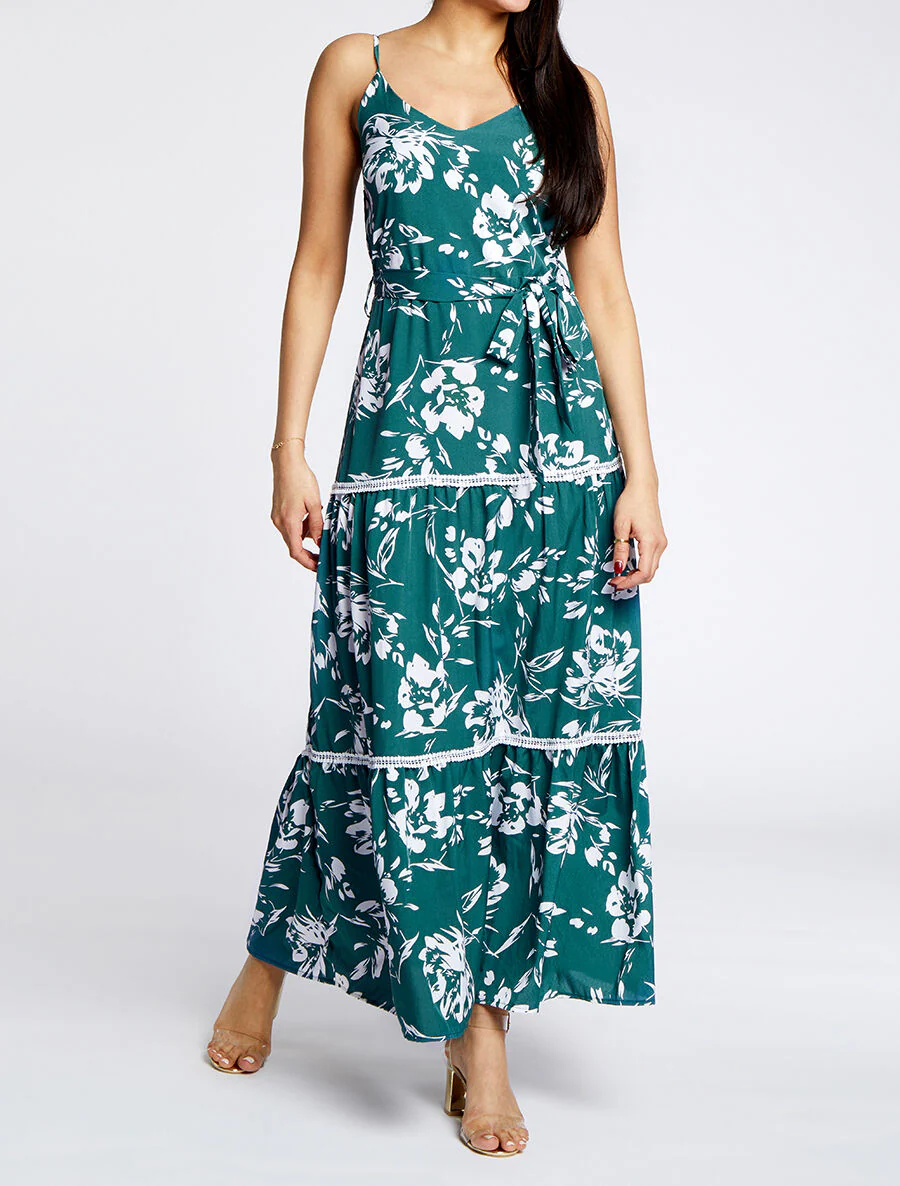 Robe longue patineuse imprimé fleurs contrastantes - Vert - Image 3