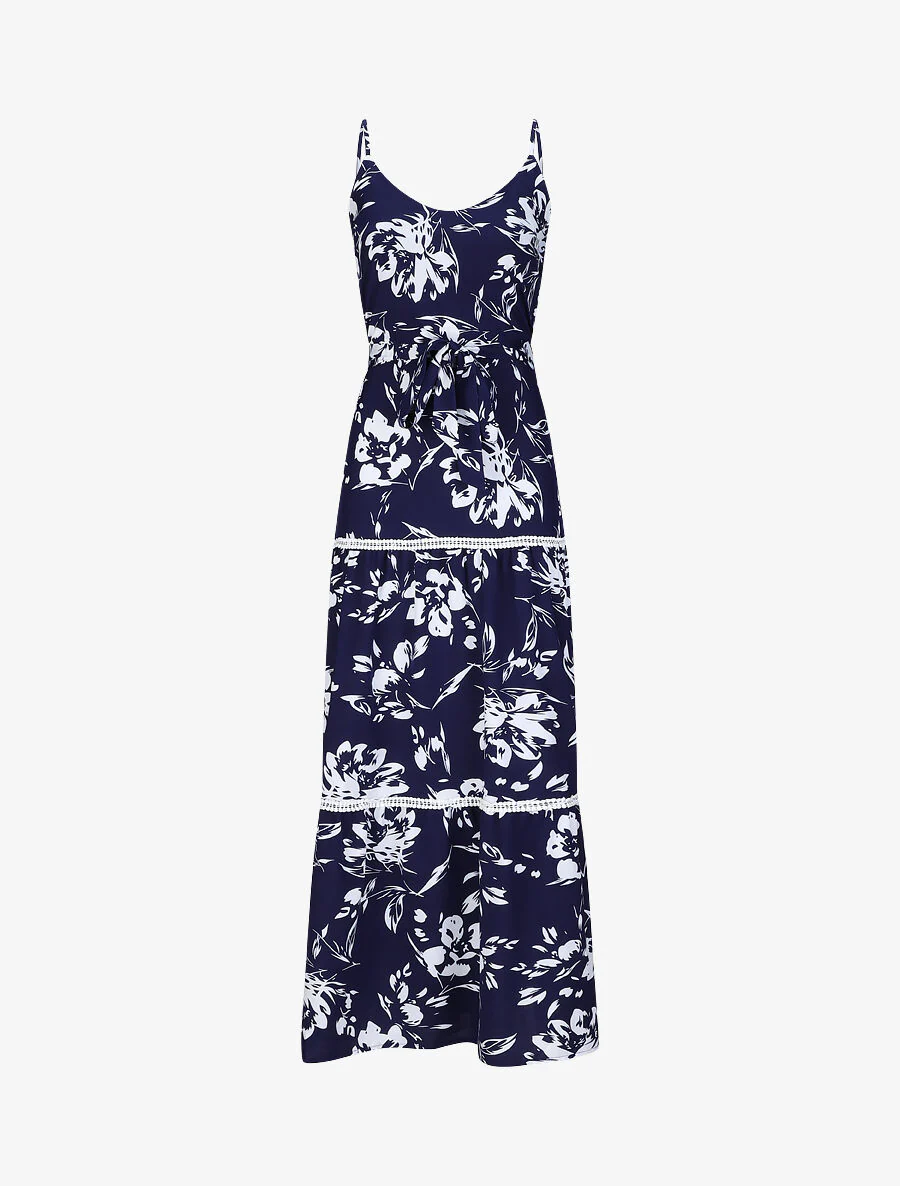 Robe longue patineuse imprimé fleurs contrastantes - Bleu