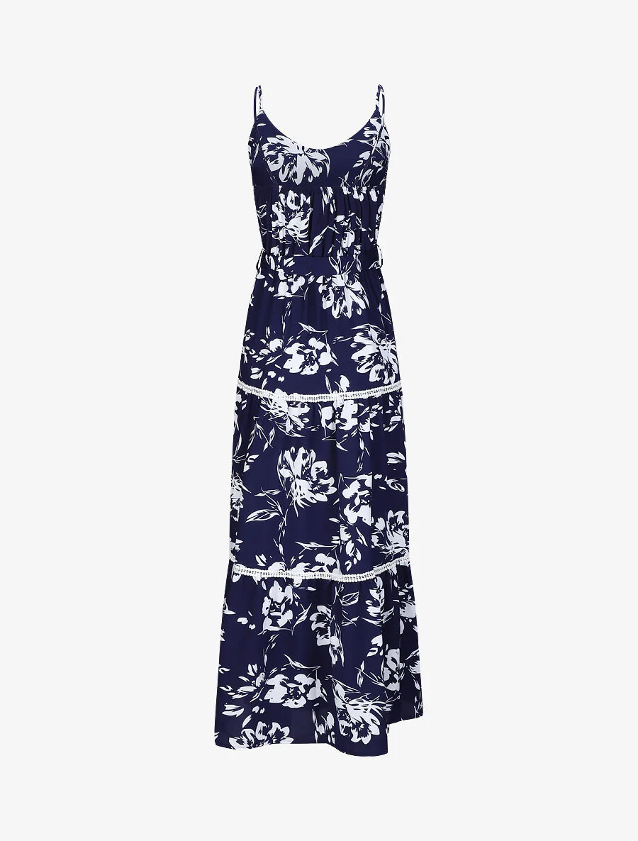 Robe longue patineuse imprimé fleurs contrastantes - Bleu - Image 2