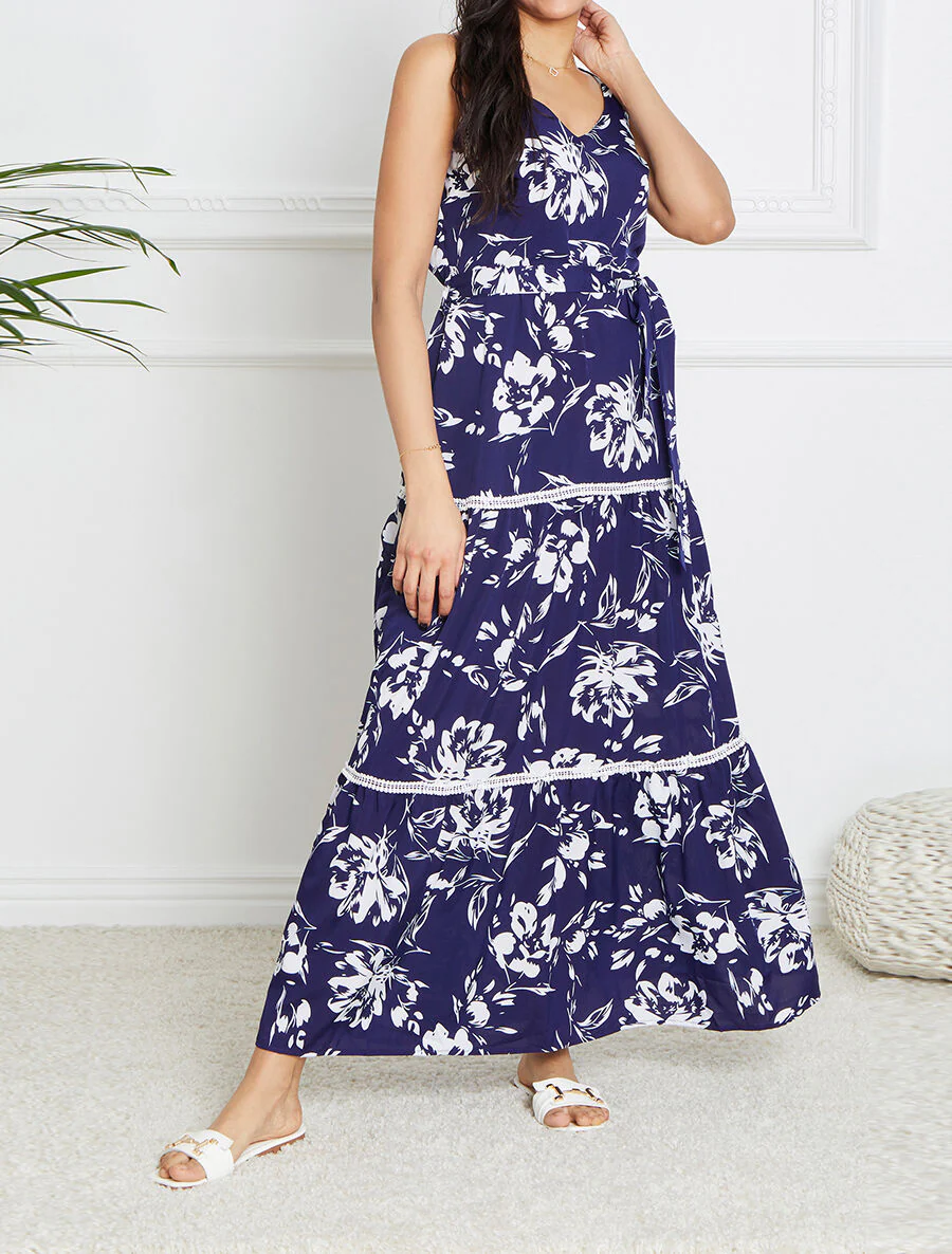 Robe longue patineuse imprimé fleurs contrastantes - Bleu - Image 4