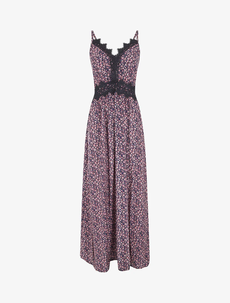 Robe longue petites fleurs à detail broderies - Marine