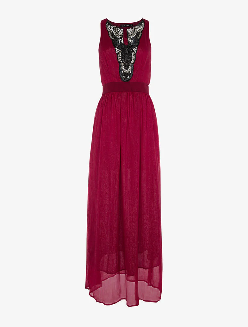 Robe longue plastron bijoux - bordeaux