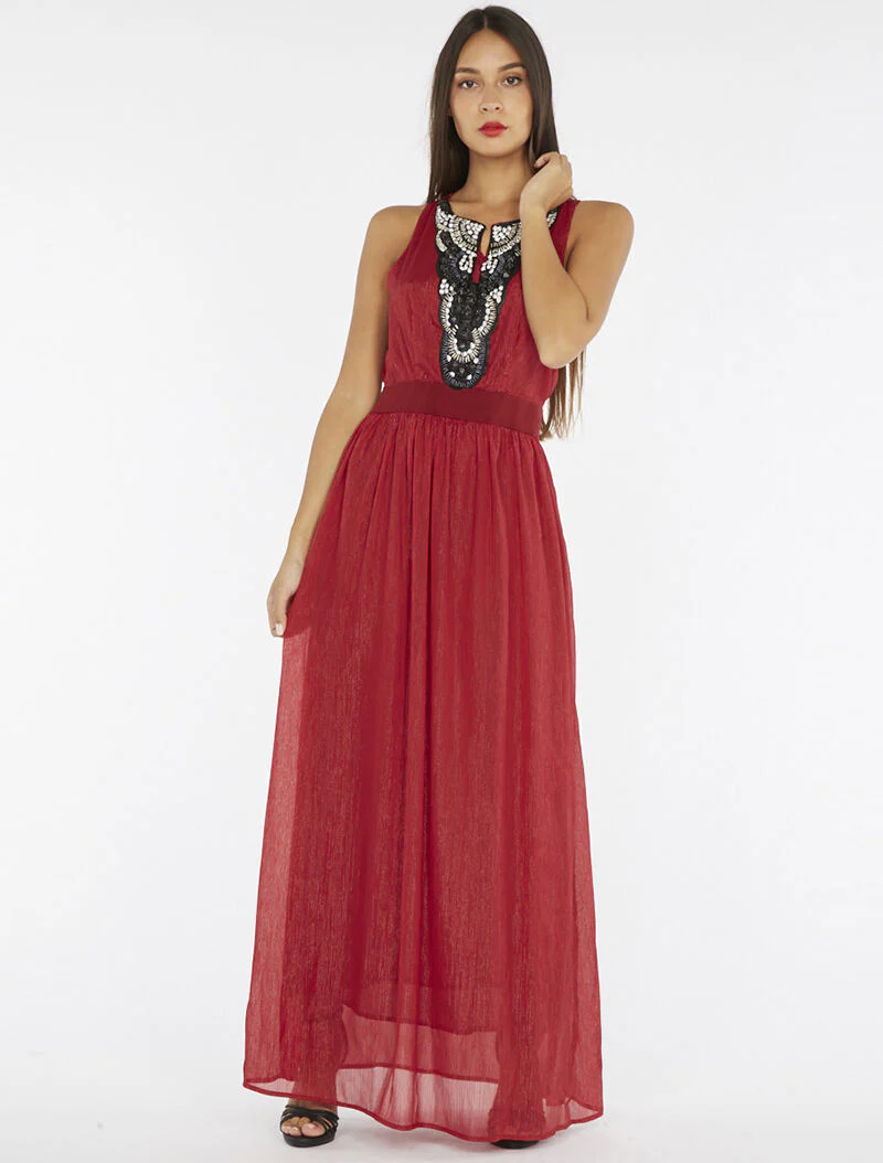 Robe longue plastron bijoux - bordeaux - Image 3