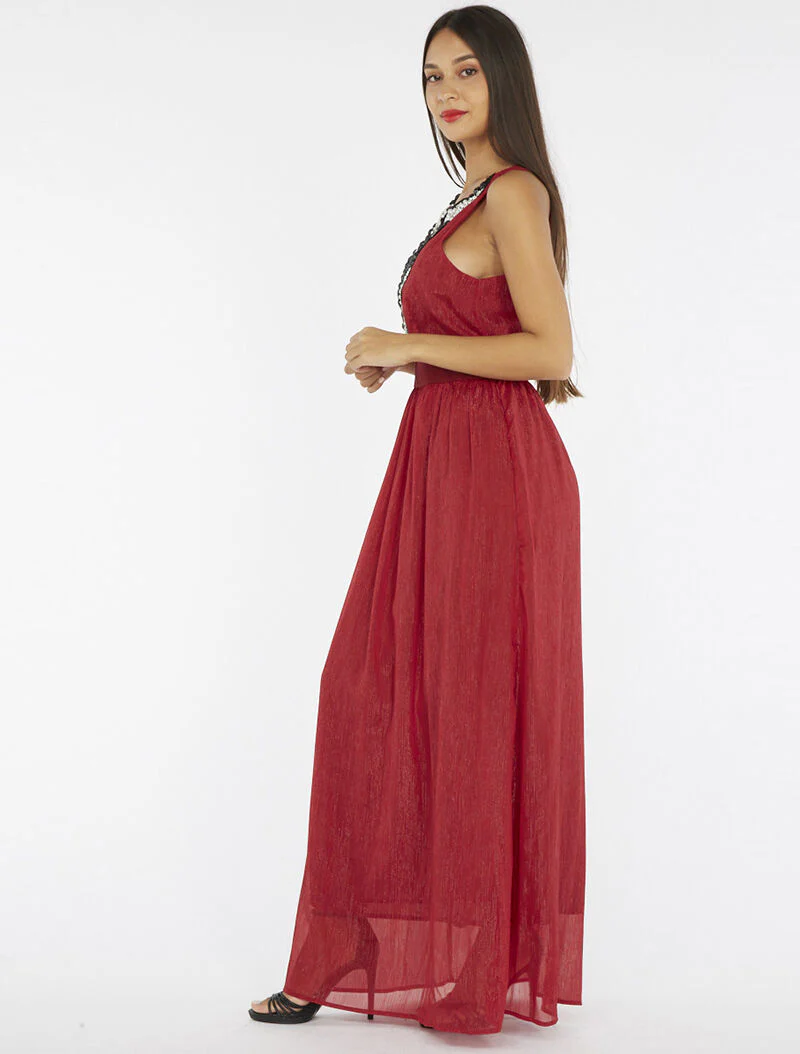 Robe longue plastron bijoux - bordeaux - Image 5