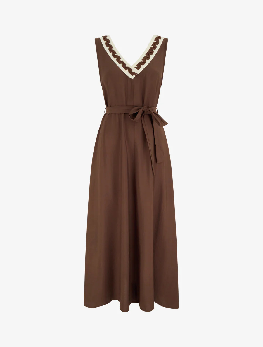 Robe longue sans manches à col V fantaisie - Marron