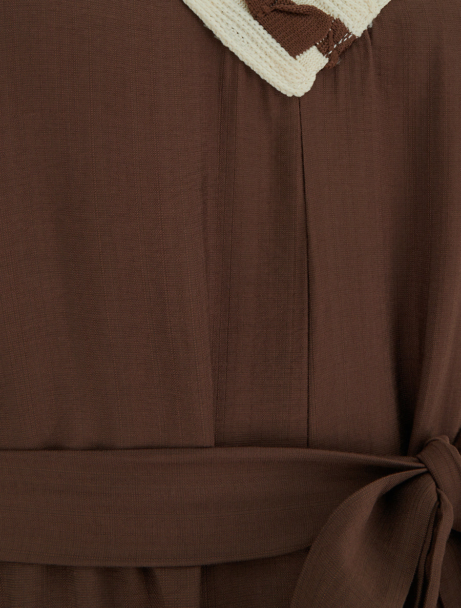 Robe longue sans manches à col V fantaisie - Marron - Image 3