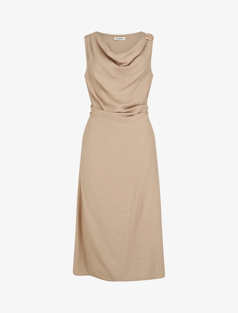 Robe longue sans manches à effet drapé - Beige foncé