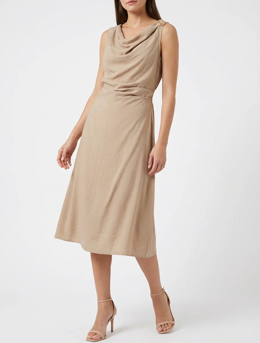 Robe longue sans manches à effet drapé - Beige foncé - Image 4