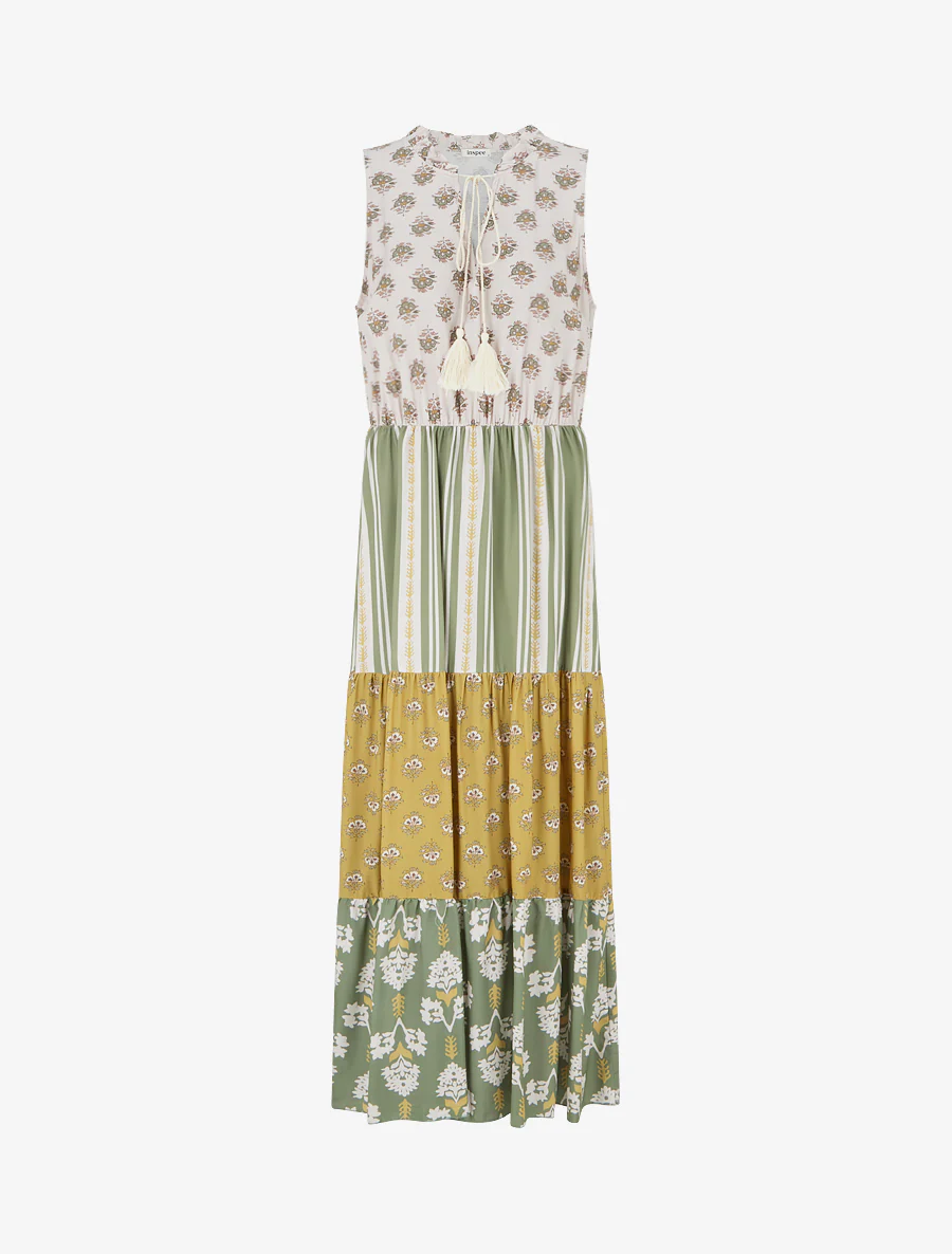Robe longue sans manches à patchwork floral - Kaki