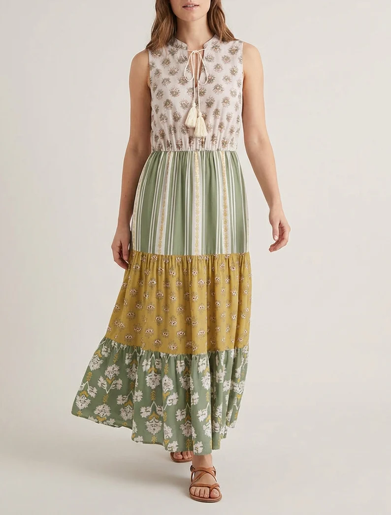 Robe longue sans manches à patchwork floral - Kaki - Image 4