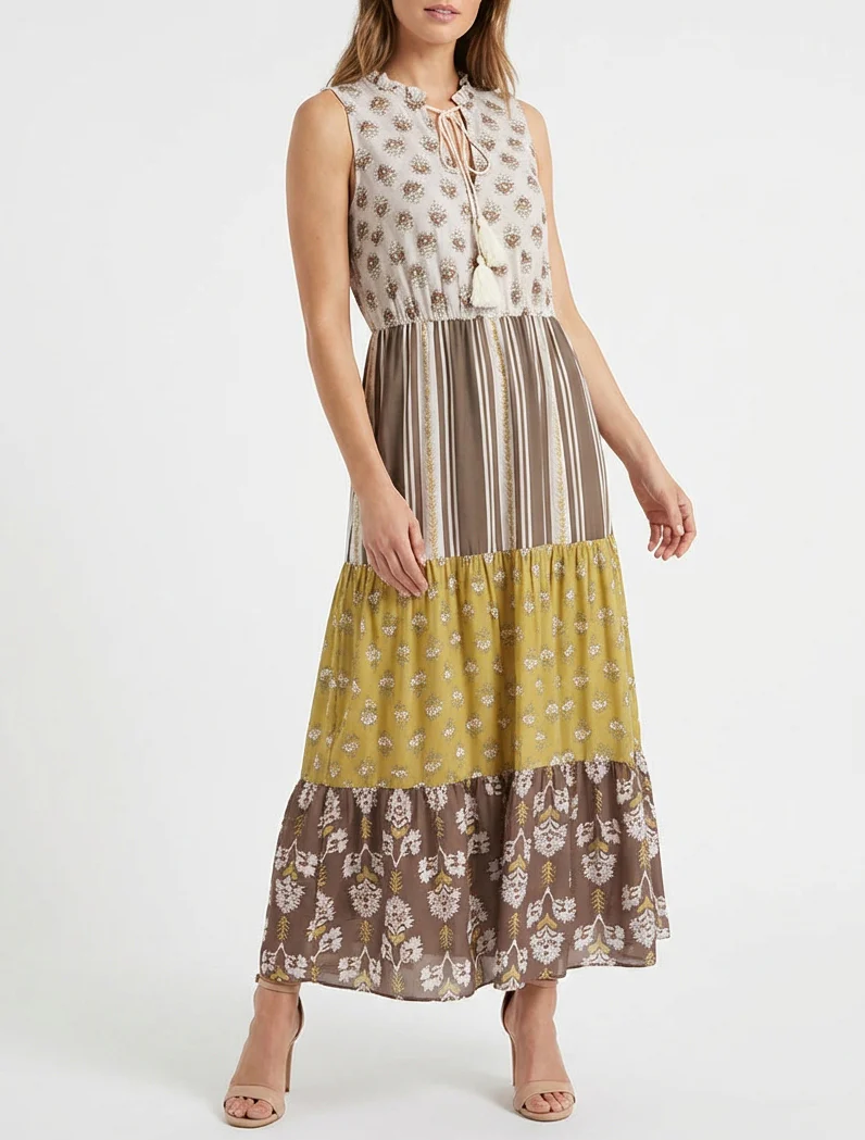 Robe longue sans manches à patchwork floral - Taupe - Image 4