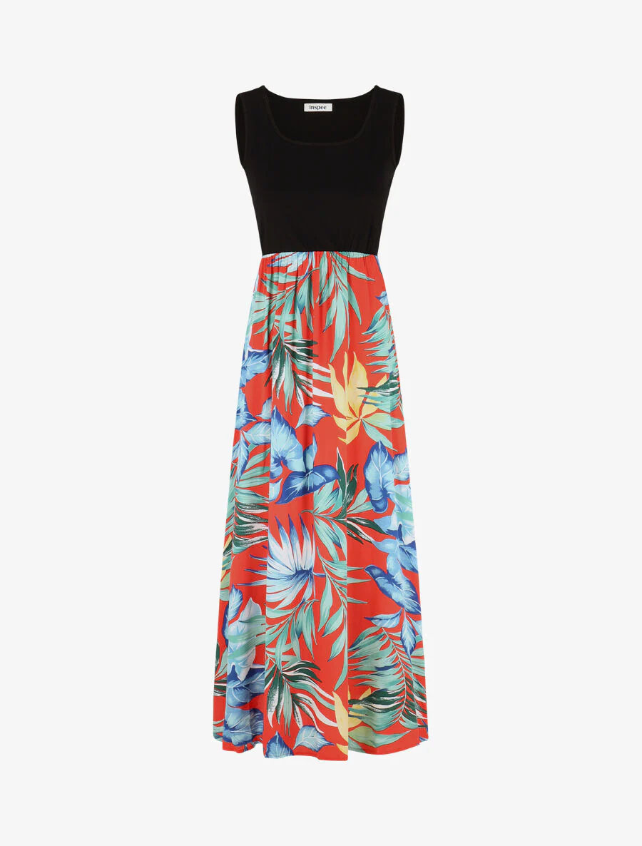 Robe longue sans manches imprimé feuillage - Bleu