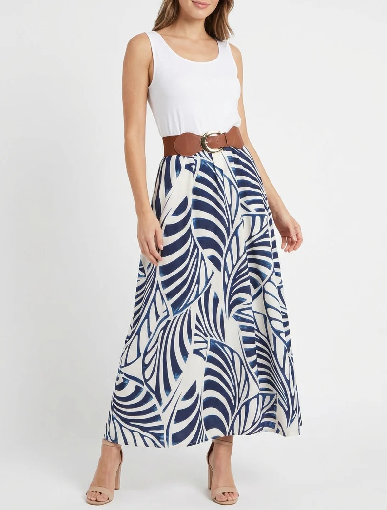 Robe longue sans manches imprimé feuilles - Marine - Image 4