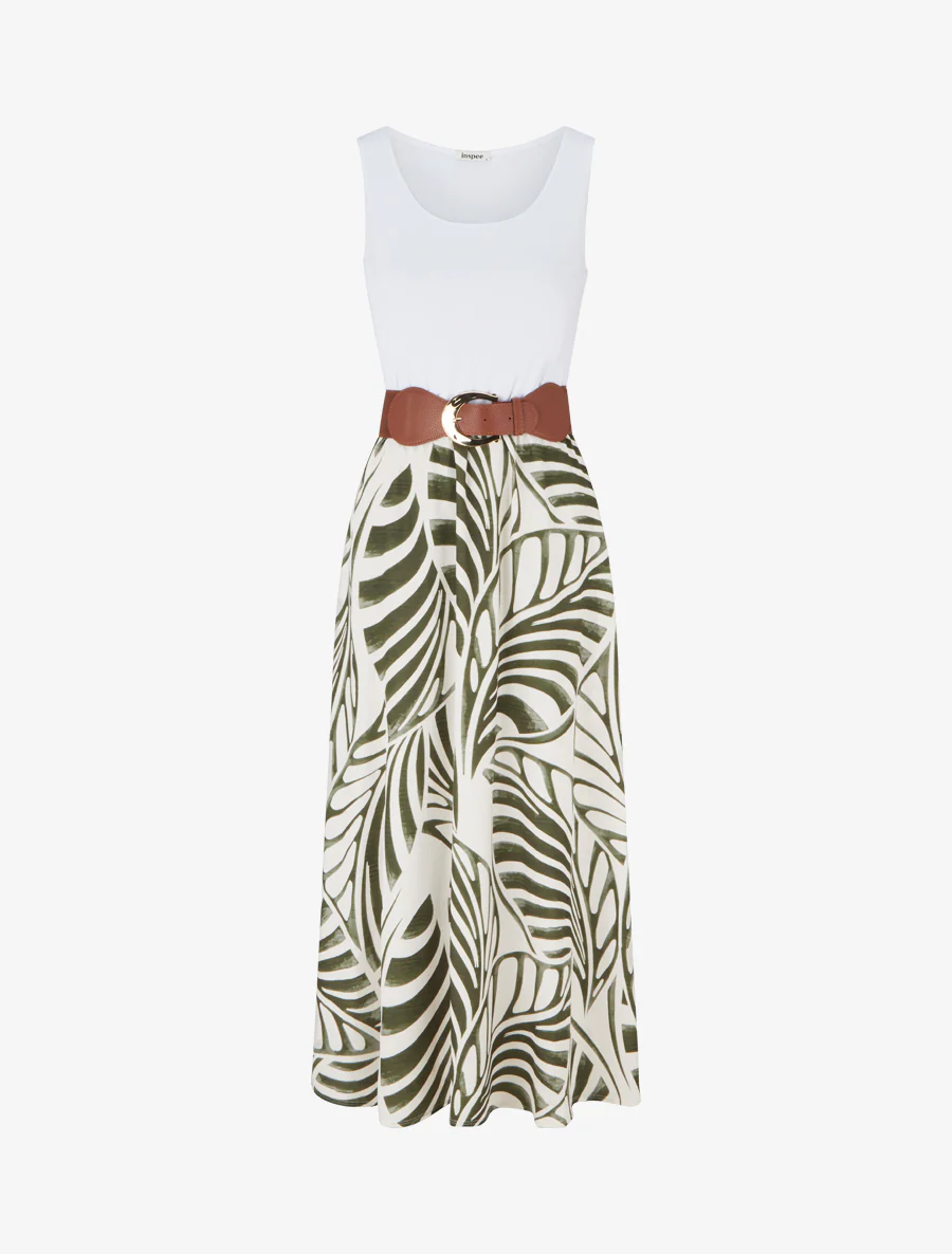Robe longue sans manches imprimé feuilles - Kaki