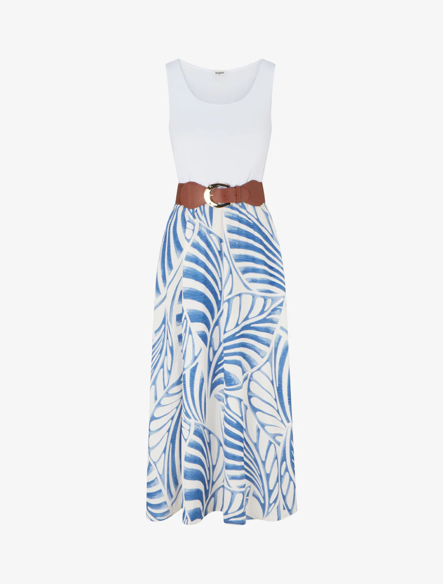 Robe longue sans manches imprimé feuilles - Bleu clair