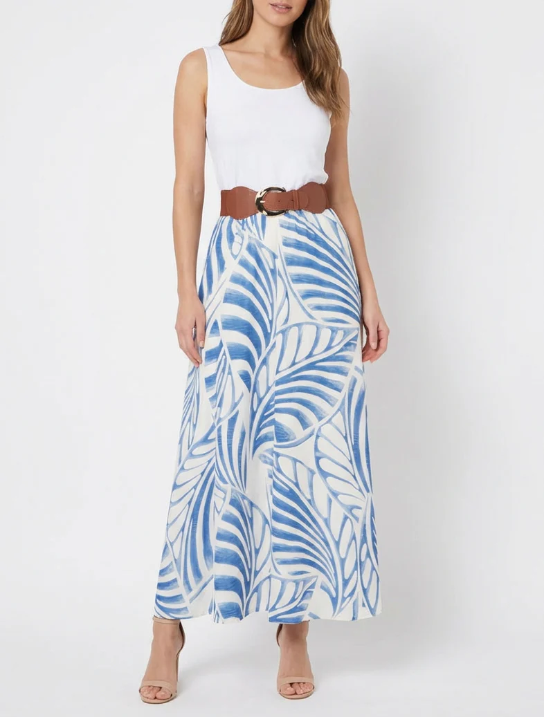 Robe longue sans manches imprimé feuilles - Bleu clair - Image 4