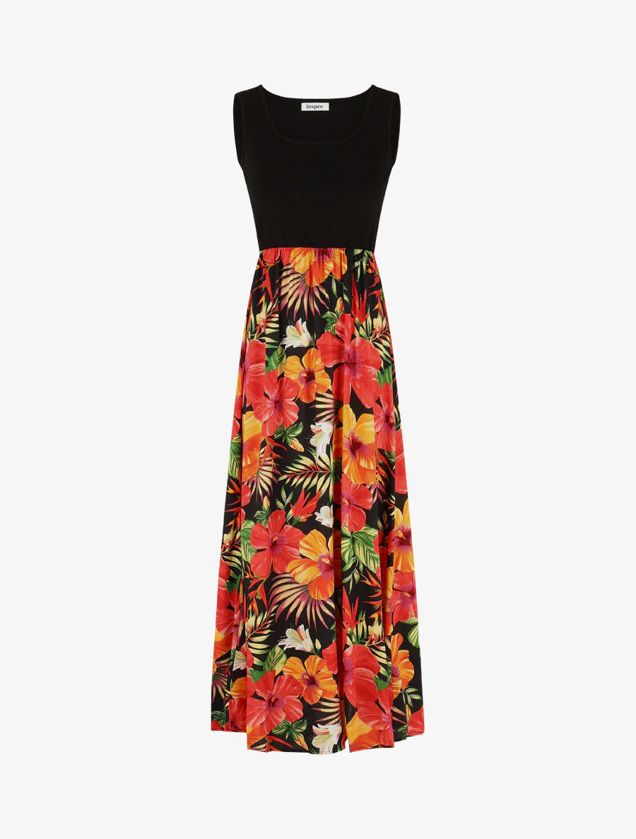 Robe longue sans manches imprimé tropical - Noir