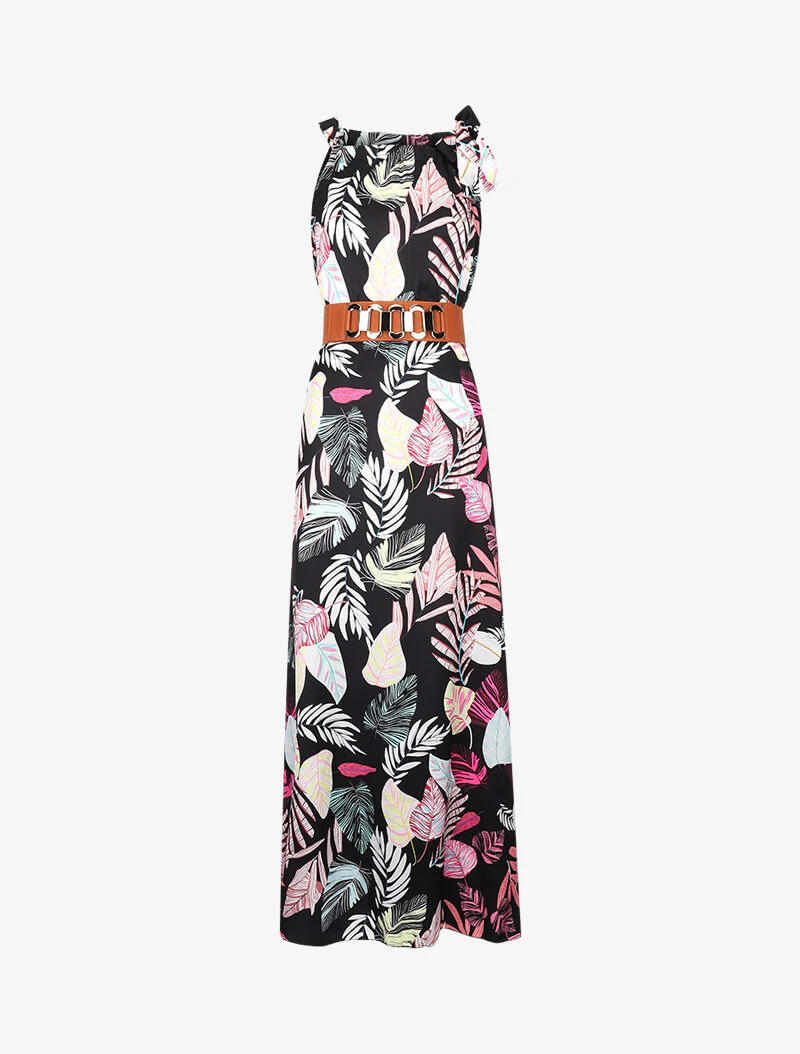 Robe longue satinée à imprimé tropical - Noir