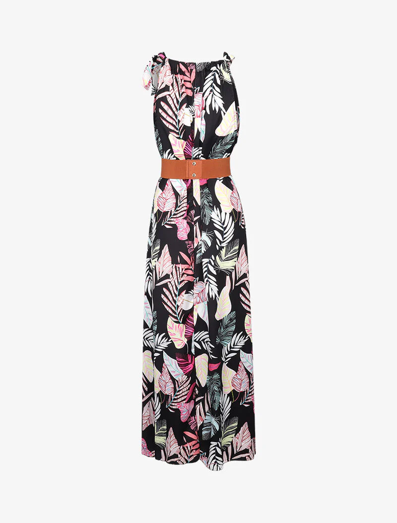 Robe longue satinée à imprimé tropical - Noir - Image 2