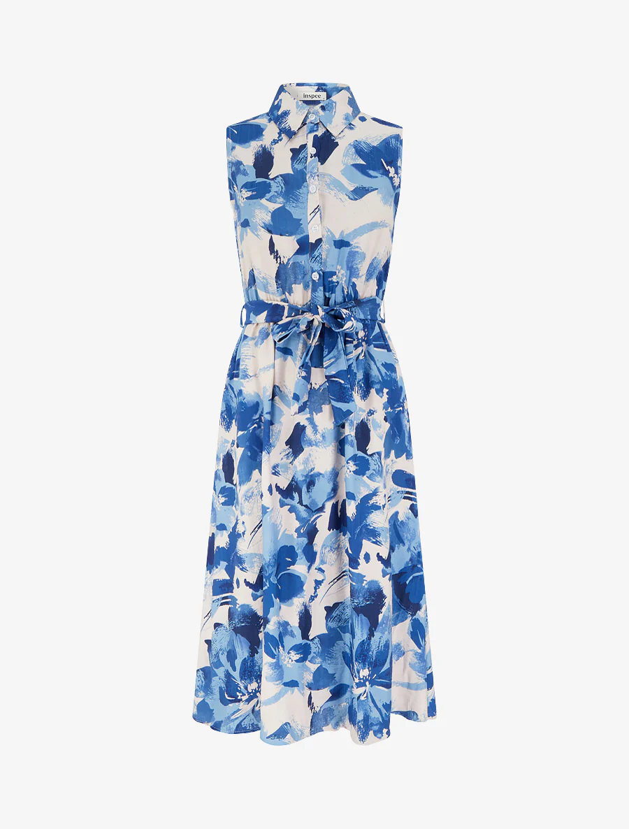 Robe longue style chemise imprimé abstrait - Bleu
