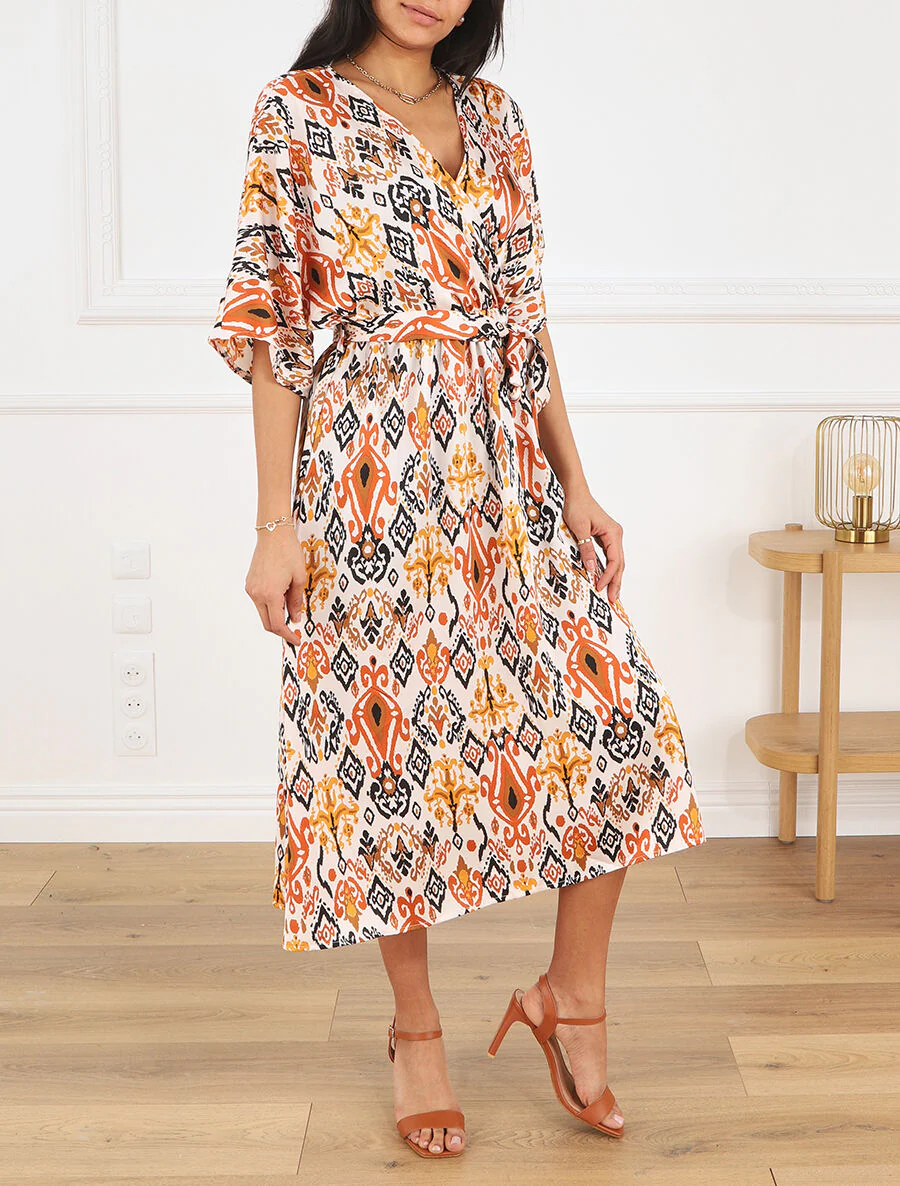 Robe longue style kimono imprimé aztèque - Marron - Image 4