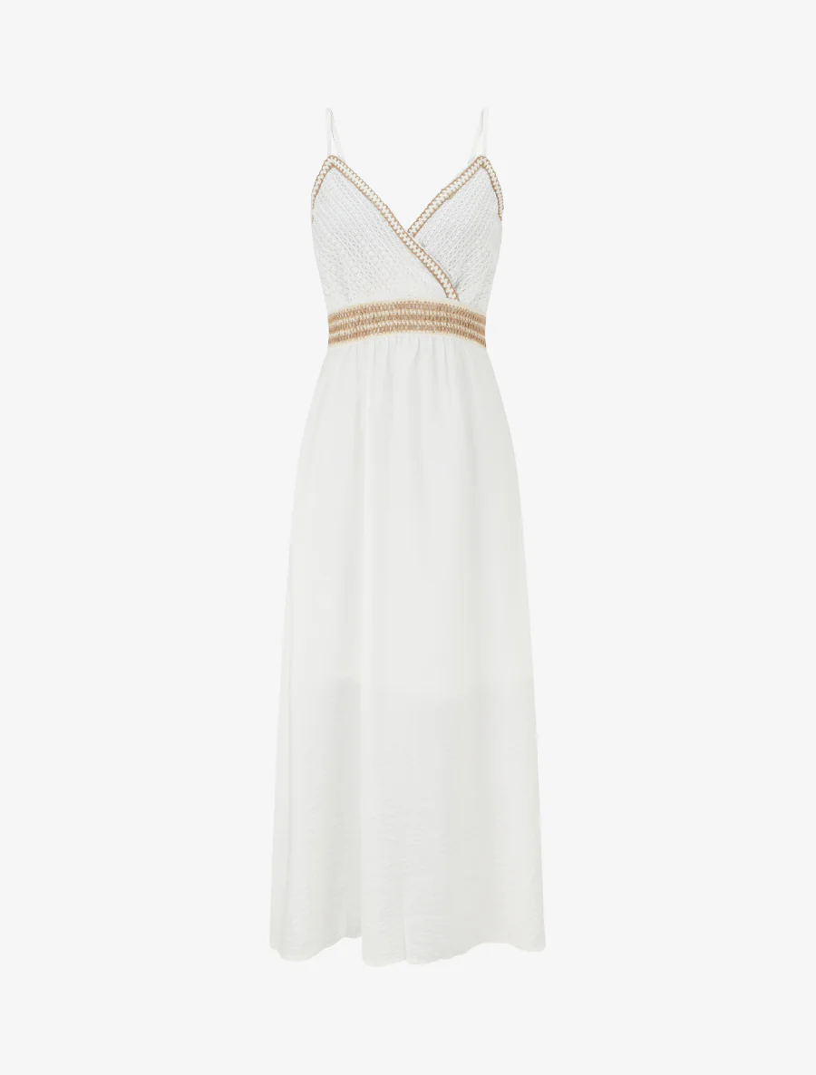 Robe longue uni à buste brodé - Écru
