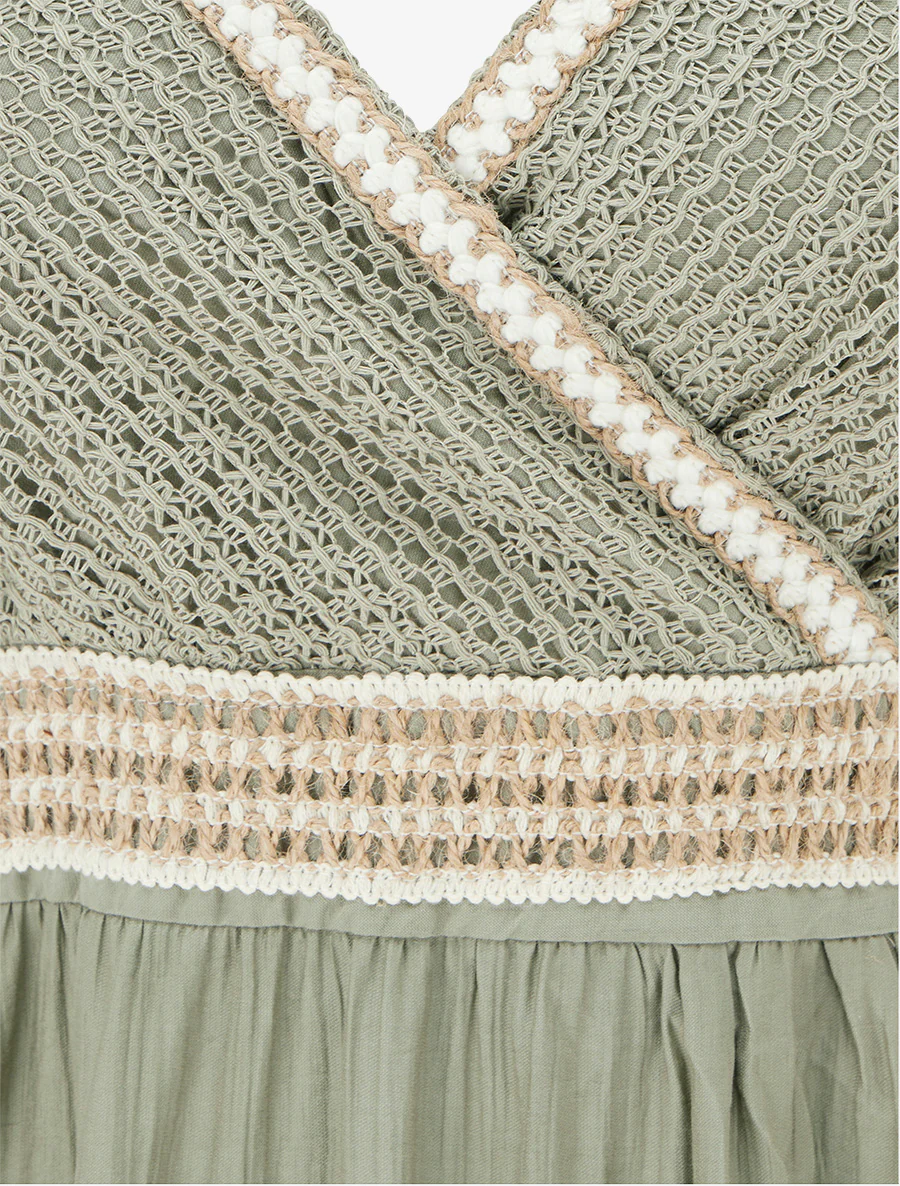 Robe longue uni à buste brodé - Kaki - Image 3