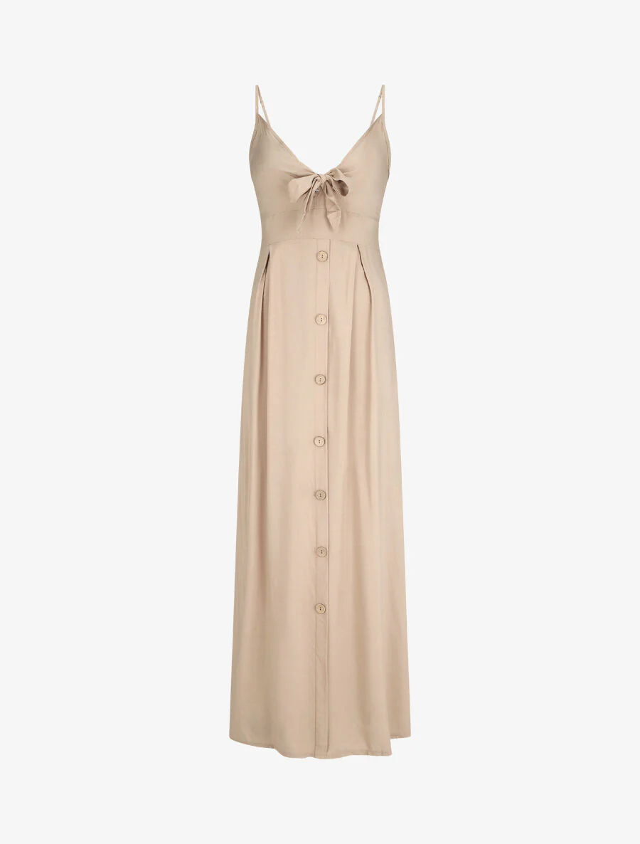 Robe longue unie à boutons décoratifs - Beige