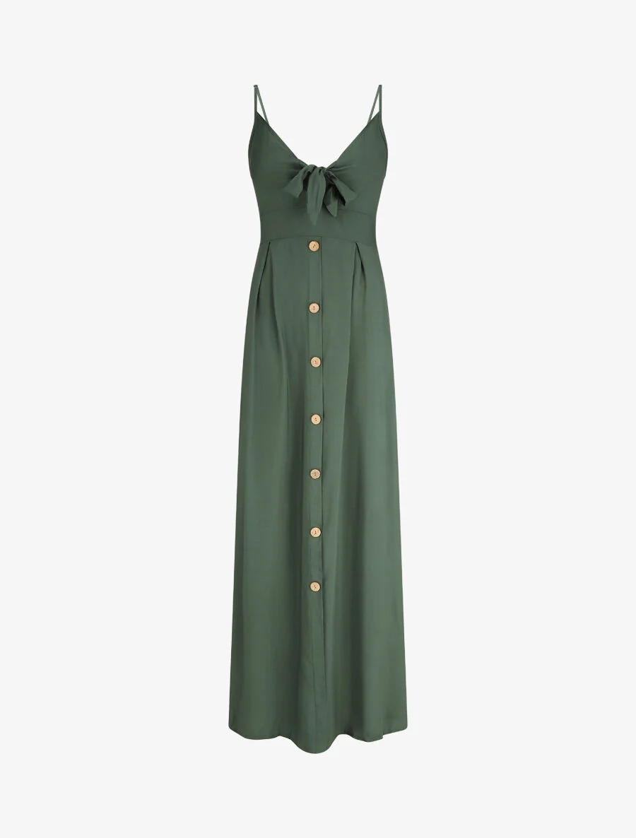 Robe longue unie à boutons décoratifs - Vert