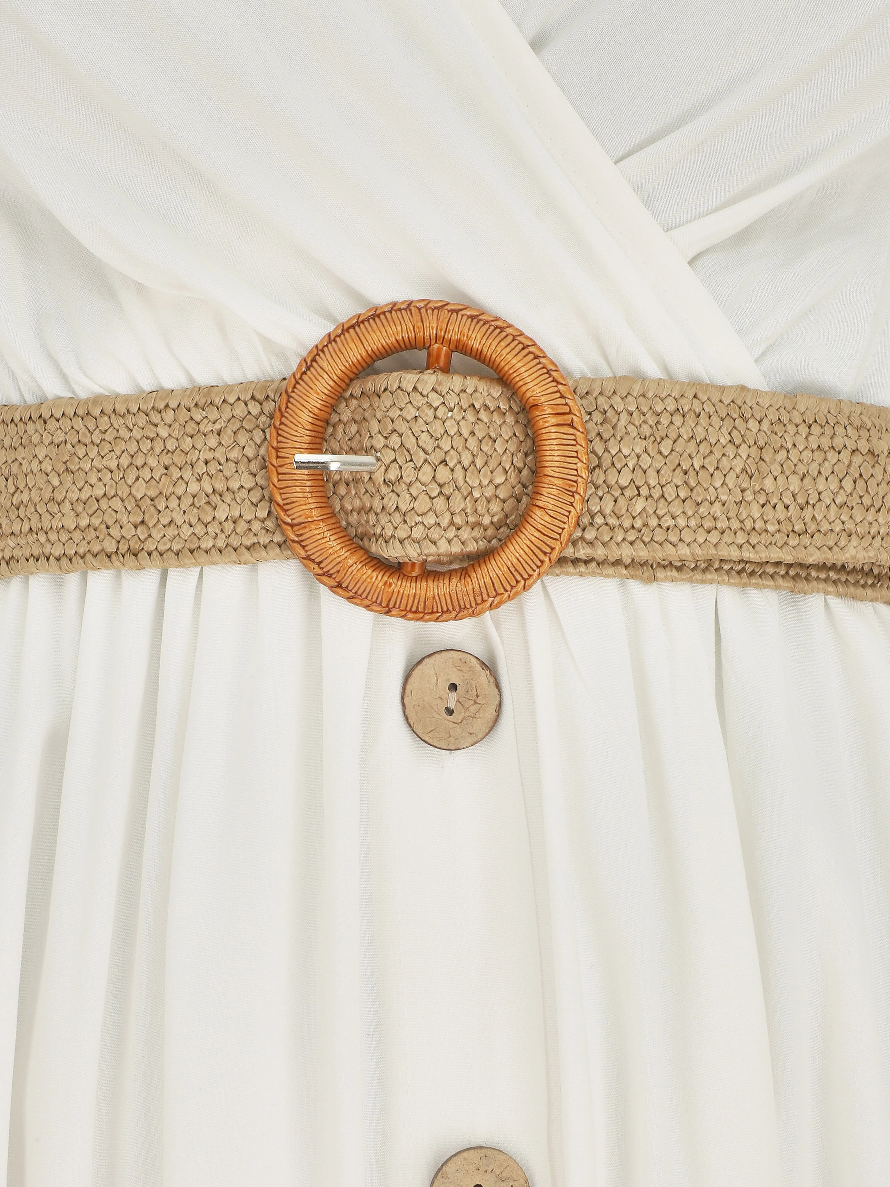 Robe longue unie à bretelles et boutons - Blanc - Image 3