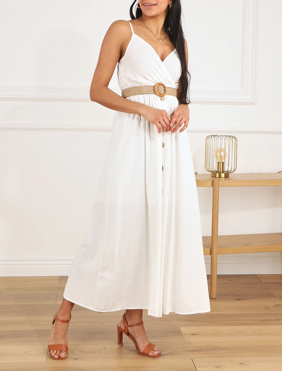 Robe longue unie à bretelles et boutons - Blanc - Image 4