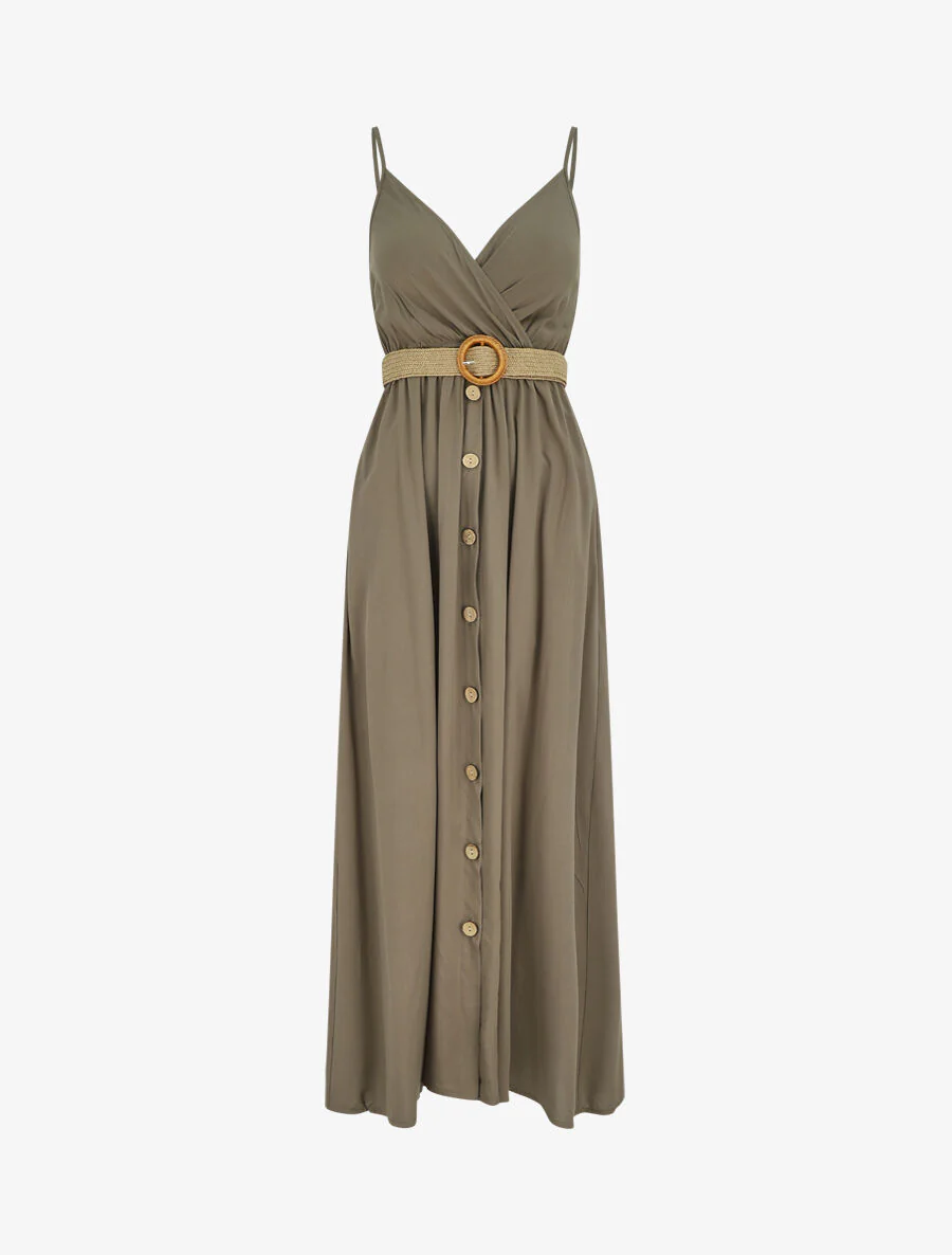 Robe longue unie à bretelles et boutons - Kaki