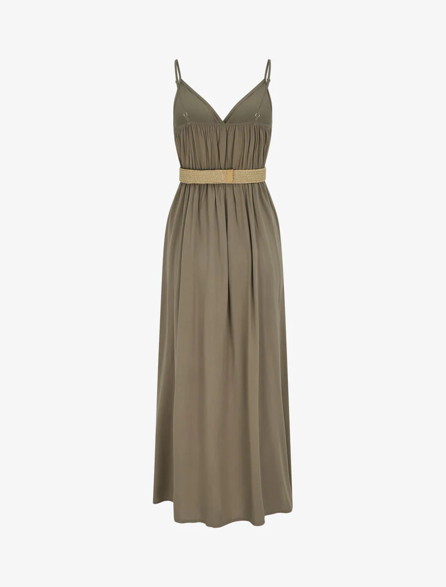 Robe longue unie à bretelles et boutons - Kaki - Image 2